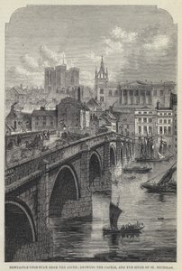 Newcastle-upon-Tyne od południa, przedstawiający zamek i Iglicę św. Mikołaja (rycina) autorstwa English School