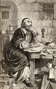 Nicholas Ridley piszący listy w więzieniu w oczekiwaniu na egzekucję, ok. 1865 (drewno) autorstwa English School