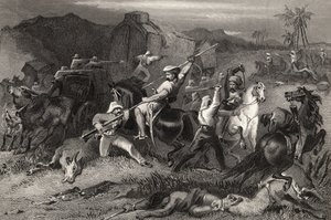 Nocne wypady i atak na wagony bagażowe, z „Historii buntu indyjskiego” opublikowanej w 1858 r. autorstwa English School