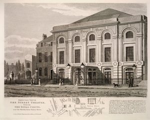 North East widok na Surrey Theatre, dawniej The Royal Circus w pobliżu obelisku, Great Surrey Street, 1814 autorstwa English School