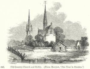 Stary wiejski kościół i dzwonnica (rycina) autorstwa English School