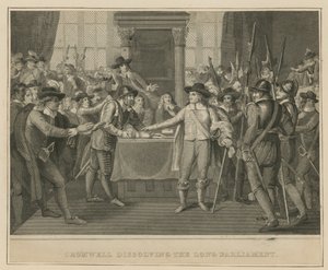 Oliver Cromwell rozwiązuje Długi Parlament autorstwa English School