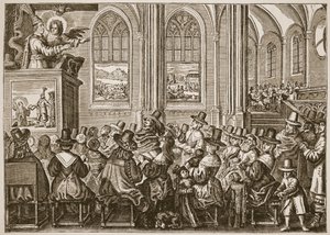 Oliver Cromwell przemawia do zboru purytańskiego, ilustracja z The Church of England: A History for the People autorstwa H.D.M. Spence-Jones, wyd. ok. 1910 (zdjęcie w sepii) autorstwa English School