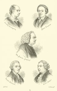 Oliver Goldsmith, James Thomson, dr Samuel Johnson, Tobias Smollett, David Hume autorstwa English School