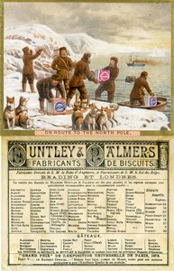W drodze na biegun północny, przód i tył karty promocyjnej na herbatniki Huntley & Palmers, wyprodukowane na rynek francuski, 1890 autorstwa English School