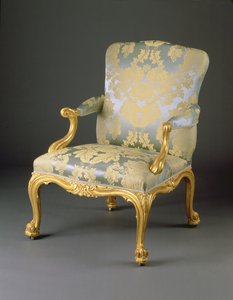 Jeden z zestawu czterech foteli Jerzego III, ok.1765 (rzeźbione pozłacane drewno i tapicerka) autorstwa English School