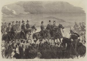 Otwarcie Międzynarodowej Wystawy w Dublinie, Książę Walii na Przeglądzie Wojsk w Phoenix Park (grafika) autorstwa English School