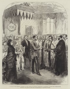 Otwarcie Zgromadzenia Ogólnego Kościoła Szkocji, hrabia Aberdeen, jako Lord High Commissioner, otrzymując klucze miasta Edynburga w Pałacu Holyrood (rycina) autorstwa English School