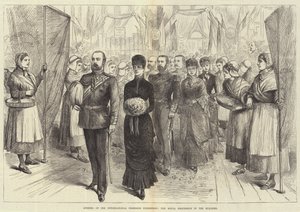 Otwarcie Międzynarodowej Wystawy Rybackiej, Korowód Królewski w Budynku (rycina) autorstwa English School
