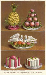 Formy ozdobne do tworzenia mrożonych potraw w kształcie ananasa, brzoskwiń i dwóch gołębi (chromolitho) autorstwa English School