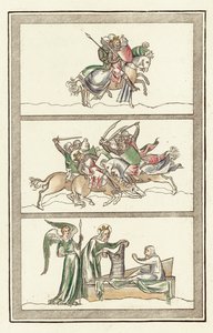 Oswald King of Northumberland ze swoją armią, Bitwa pod Maserfield, Cud Najświętszej Marii Panny (kolorowa grawerunek) autorstwa English School