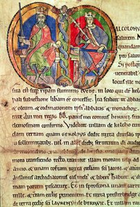 Strona z Statutu Opactwa Kelso z iluminowanym inicjałem przedstawiającym króla Dawida I (1084-1153) i jego wnuka Malcolma IV (1141-65) 1159 (wellum) autorstwa English School