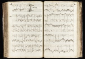 Strony 416-417 „Jedź, truchtaj, ścieżką”, partytura muzyczna „Opowieści zimowej” (tusz na papierze) autorstwa English School
