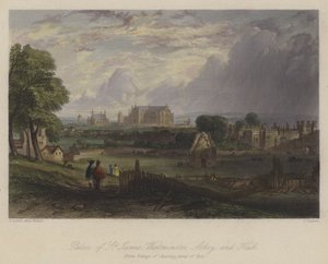 Pałac św. Jakuba, Westminster Abbey and Hall, Londyn (kolorowy grawerunek) autorstwa English School