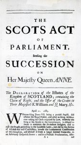 Broszura ogłaszająca „Ustawę szkocką parlamentu ustalającą sukcesję Jej Królewskiej Mości Anny” 11 kwietnia 1689 autorstwa English School