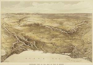 Panoramiczny widok na miejsce wojny w Europie (kolorowa litografia) autorstwa English School