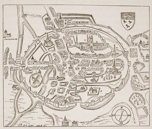 Panoramiczny widok Canterbury w XVI wieku, ilustracja z The Church of England: A History for the People autorstwa H.D.M. Spence-Jones, wyd. ok. 1910 (zdjęcie w sepii) autorstwa English School