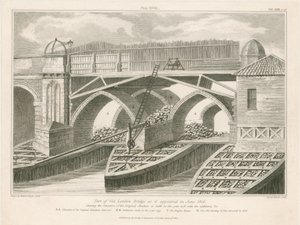 Część Old London Bridge, która pojawiła się w czerwcu 1826 r. autorstwa English School