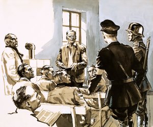 Pastor Dietrich Bonhoeffer wypowiadający się przeciwko nazistowskiej partii Hitlera (gwasz na papierze) autorstwa English School