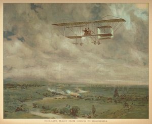„Lot Paulhansa z Londynu do Manchesteru”. Książka sterowców dla małych ludzi. Londyn: Ernest Nister, [1912] autorstwa English School