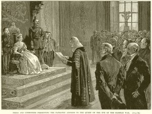 Peers and Commoners prezentujący patriotyczne orędzie do królowej w przeddzień wojny krymskiej autorstwa English School