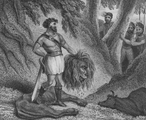 Pepin the Short, król Franków, udowadnia, że jego postawa nie ogranicza jego zdolności do rządzenia przez zabicie lwa autorstwa English School