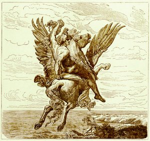 Perseusz na skrzydlatym koniu Pegazie z głową Meduzy, ilustracja z Ilustrowanej Historii Świata, wydanej ok. 1880 r. (obraz ulepszony cyfrowo) autorstwa English School