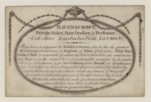 Producent Peruke, Ravenscroft, karta handlowa autorstwa English School
