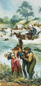 Pionierzy przekraczający nieokiełznaną rzekę Arkansas na początku lat 1880-tych (gwasz na papierze) autorstwa English School