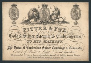 Pitter and Fox, Gold and Silver Laceman and Hafters, Bedford Street, Covent Garden, karta handlowa autorstwa English School