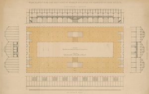 Plan, elewacje i sekcje budynku muzeum na Kensington Gore Estate autorstwa English School