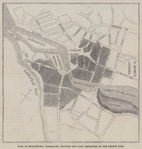 Plan Bridgetown, Barbadoes, przedstawiający część zniszczoną przez niedawny pożar (rycina) autorstwa English School