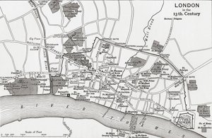 Plan Londynu w XIII wieku, z „Krótkiej historii ludu angielskiego” J.R. Greena, opublikowanej w 1893 r. autorstwa English School