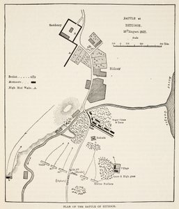 Plan bitwy pod Bithoor, 16 sierpnia 1857, z Cassells Illustrated History of England autorstwa English School