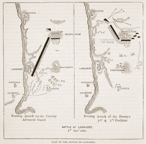 Plan bitwy pod Laswaree, ilustracja z Cassells Illustrated History of India autorstwa Jamesa Granta, wyd. 1879 autorstwa English School