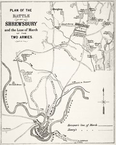 Plan bitwy pod Shrewsbury, 21 lipca 1403, z „The National and Domestic History of England” Williama Hickmana Smitha Aubreya (1858-1916) opublikowanego w Londynie, ok. 1890 autorstwa English School