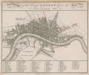 Plan City of London przed pożarem 1666 autorstwa English School