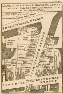Plan pożaru na Bishopsgate Street, Cornhill i Leadenhall Street w Londynie, który rozpoczął się 7 listopada 1765 r autorstwa English School