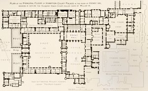Plan głównego piętra pałacu Hampton Court, tak jak za panowania króla Henryka VIII, z Historii pałacu Hampton Court w Tudor Times autorstwa Ernesta Law, opublikowanej w Londynie 1885 autorstwa English School