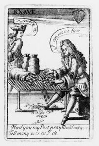 Karty do gry upamiętniające wojnę o sukcesję hiszpańską, garnitur w serce, ok. 1707 (rycina) (zdjęcie czarno-białe) (detal z 115651) autorstwa English School