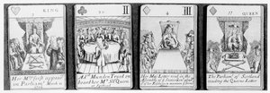 Karty do gry przedstawiające wydarzenia z początku panowania królowej Anny, z zestawu upamiętniającego wojnę o sukcesję hiszpańską (1702-13) autorstwa English School