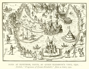 Staw w Elvetham, Hants, podczas wizyty królowej Elżbiety, 1591 autorstwa English School