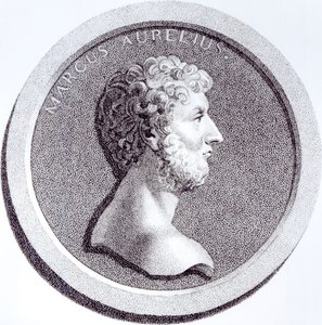 Portret Marka Aureliusza, z „Historii schyłku i upadku Cesarstwa Rzymskiego”, tom 6 Strona 81, autorstwa Edwarda Gibbona, 1808 autorstwa English School