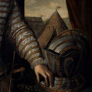 Portret Sir Roberta Dudleya, hrabiego Leicester (ok. 1532-88) XVI wiek (olej na płótnie) (detal) autorstwa English School