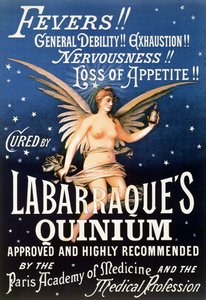 Plakat reklamowy Labarraques Quinium, lek z chininą na gorączkę, ogólne osłabienie, wyczerpanie, nerwowość, utratę apetytu, 1889