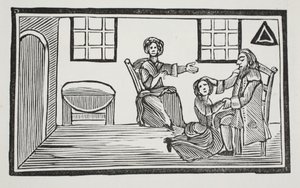 Śliczna Bessie otrzymująca błogosławieństwo ojca, gdy idzie szukać środków do życia, ilustracja z książki Chap-books of the Eighteenth Century Johna Ashtona, pub. 1882 autorstwa English School