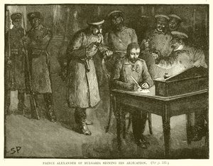 Książę Aleksander Bułgarii podpisujący swoją abdykację autorstwa English School