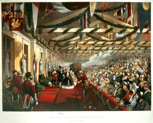 Księżniczka Aleksandra z Danii przybywa do Londynu 7 marca 1863 r. na Stacji Zbrojnej Murarzy ze swoim przyszłym mężem, księciem Walii. 1863 (kolor lito) autorstwa English School