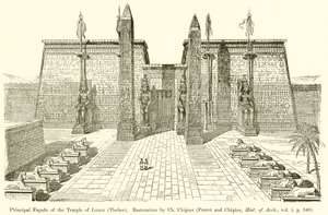 Główna fasada świątyni w Luksorze (Teby). Restauracja Ch. Chipiez (Perrot i Chipiez, Hist. of Arch., vol. i. p. 349) autorstwa English School