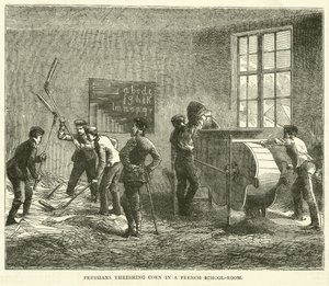 Prusacy młócą kukurydzę we francuskiej sali szkolnej, wrzesień 1870 autorstwa English School